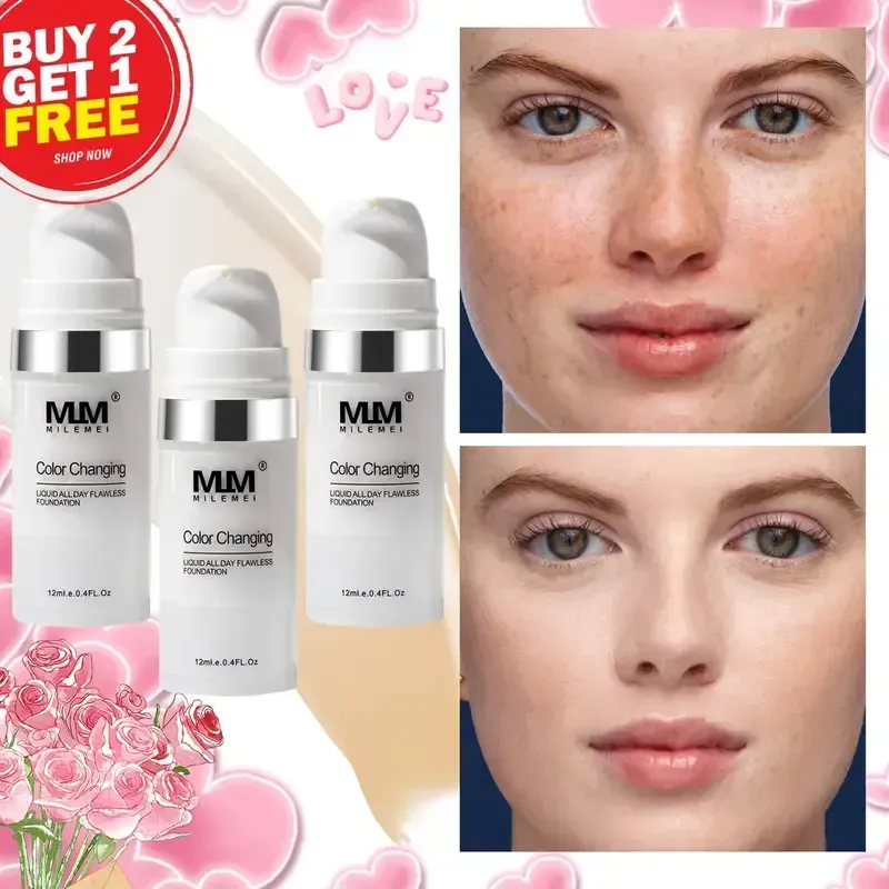 Fond de teint liquide longue tenue, imperméable et à effet thermochrome - Texture soyeuse, hydratante, non collante et finition mat couvrante - Taille voyage portable unisexe - Idéal comme cadeau pour la Saint-Valentin