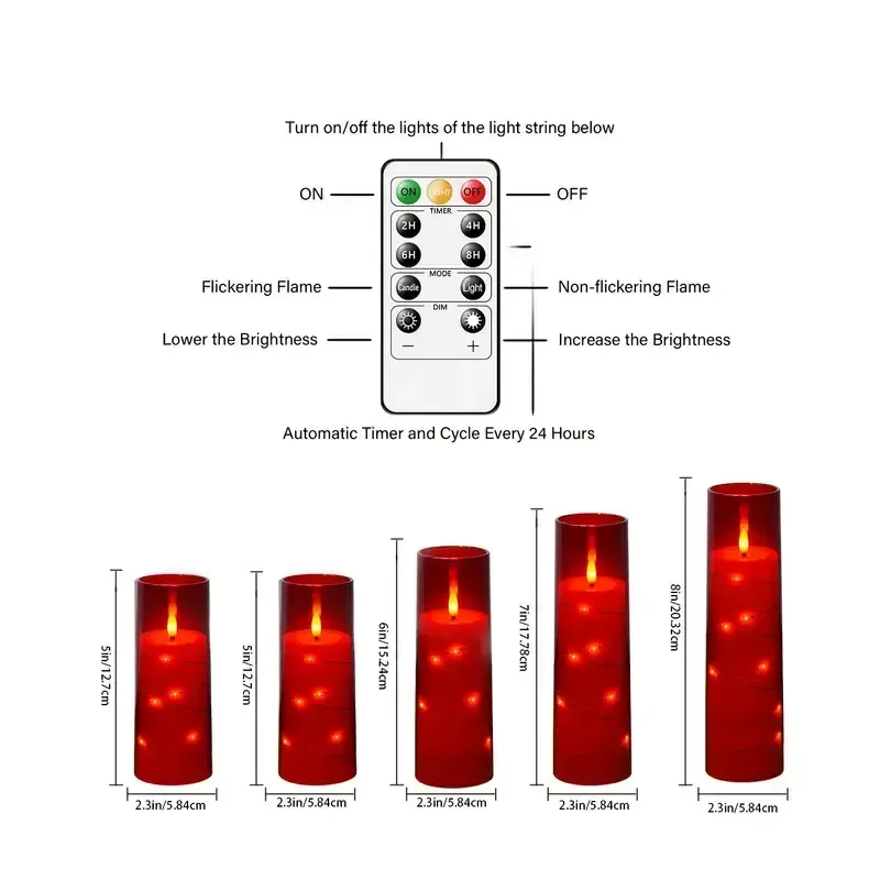 Nimiko 5 LED Flameless Candles Battery Powered Candles, Flickering LED Cylindrical Candles with Embedded Star String, Acrylic LED Cylindrical Candles with Remote Control And Timer, Suitable for Home Decoration, Valentine'S Day Gifts, Wedding Decoration, Creating a Romantic Atmosphere for Valentine'S Day