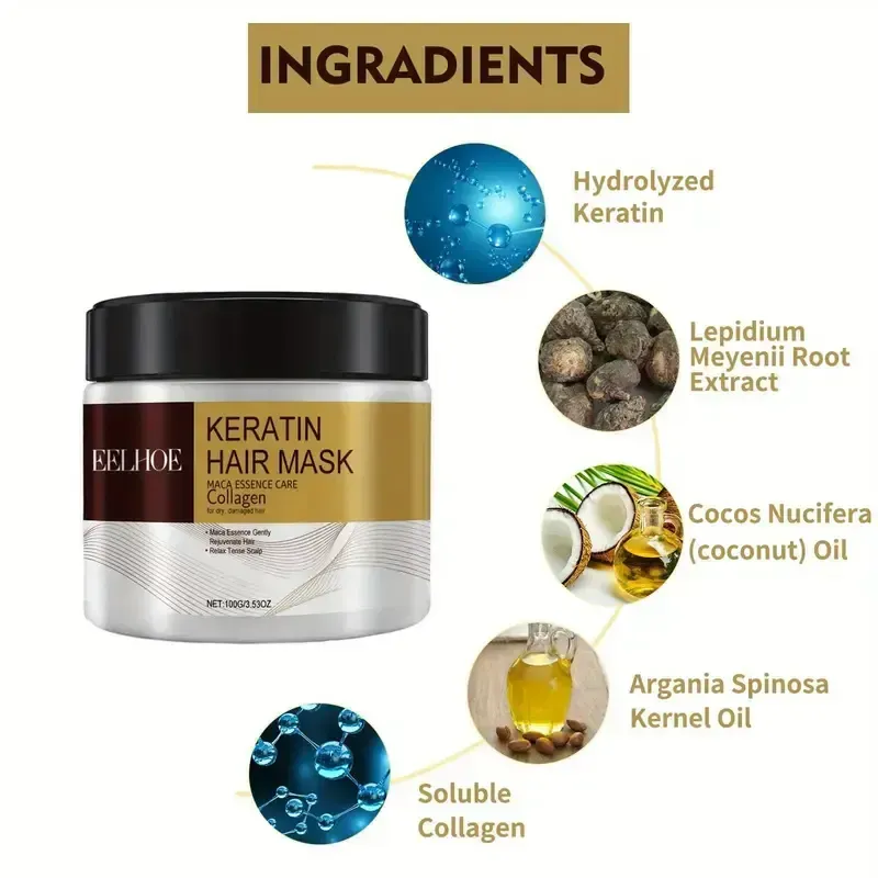 Máscara capilar de colágeno, máscara capilar de colágeno e óleo de argan, repara cabelos danificados, adequada para cabelos lisos, cacheados, coloridos e com permanente.