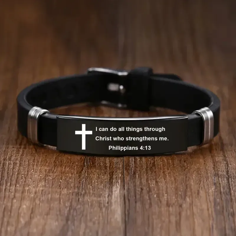 Pulseira masculina ajustável de aço inoxidável preta e prata da Bíblia