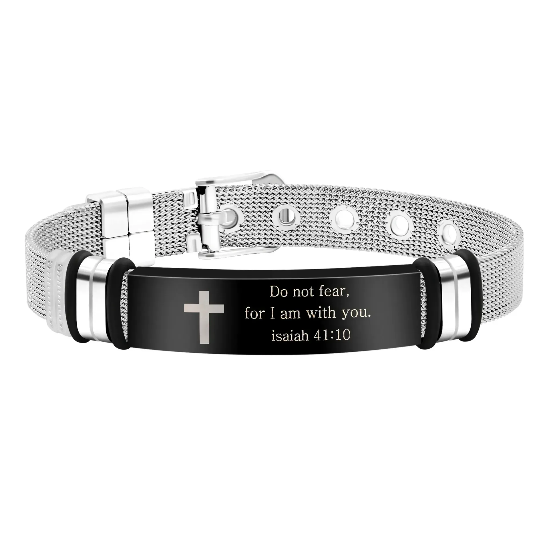 Pulseira masculina ajustável de aço inoxidável preta e prata da Bíblia