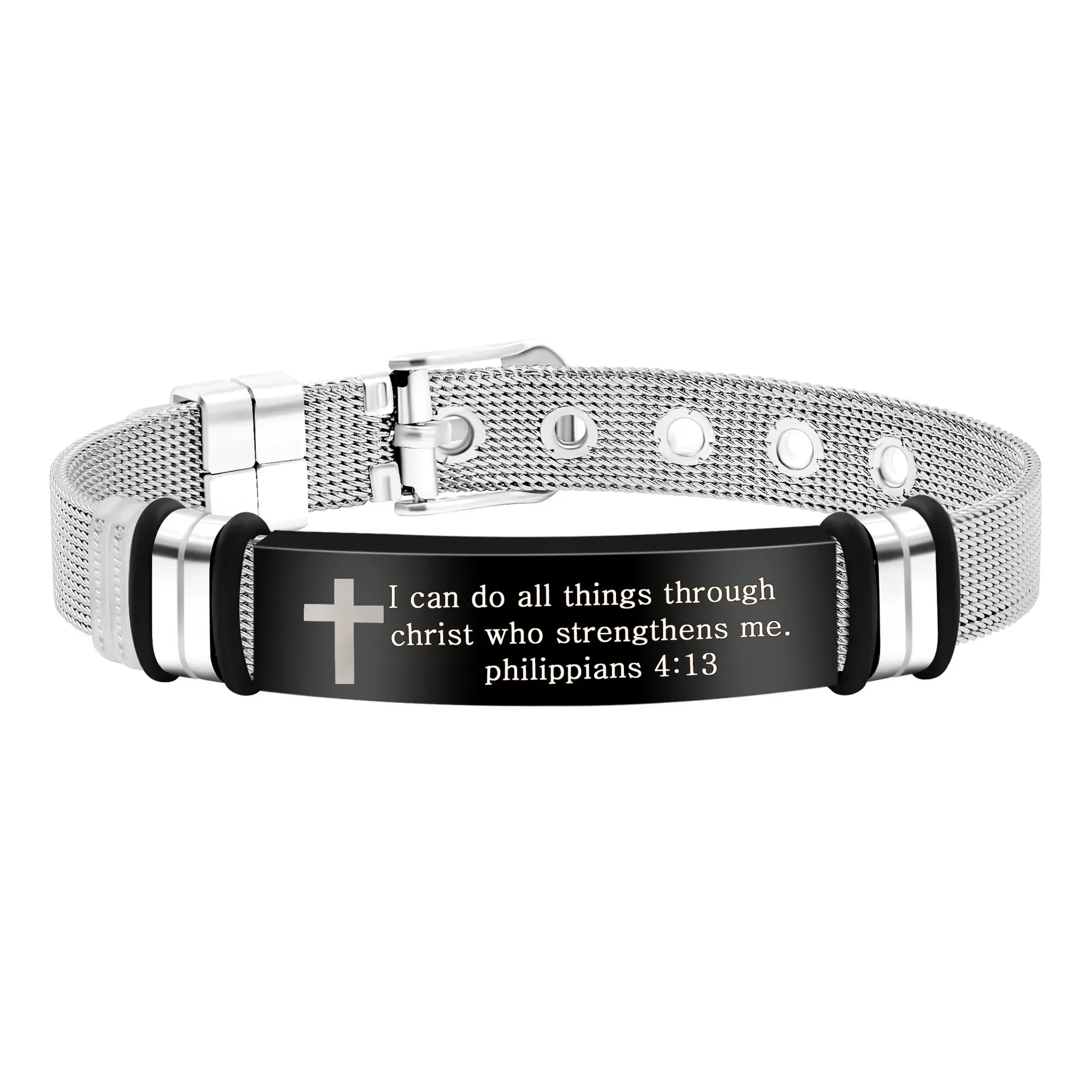 Pulseira masculina ajustável de aço inoxidável preta e prata da Bíblia