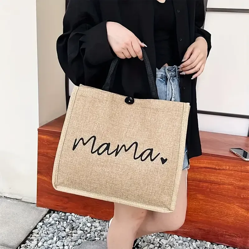 Mama Letters Print Tote Bag, Fashion Burlap Shoulder Bag, Portable Travel Picnic Bag Shopping Bag Gift For Women's Day
