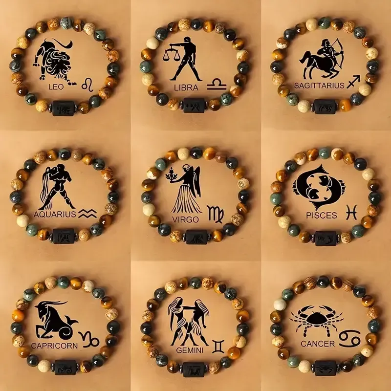 1 pulseira de contas de pedra natural com astrologia do zodíaco, designs de 12 constelações da moda, joias personalizadas do signo do zodíaco, presente ideal de aniversário ou dia dos namorados, 7,48 polegadas