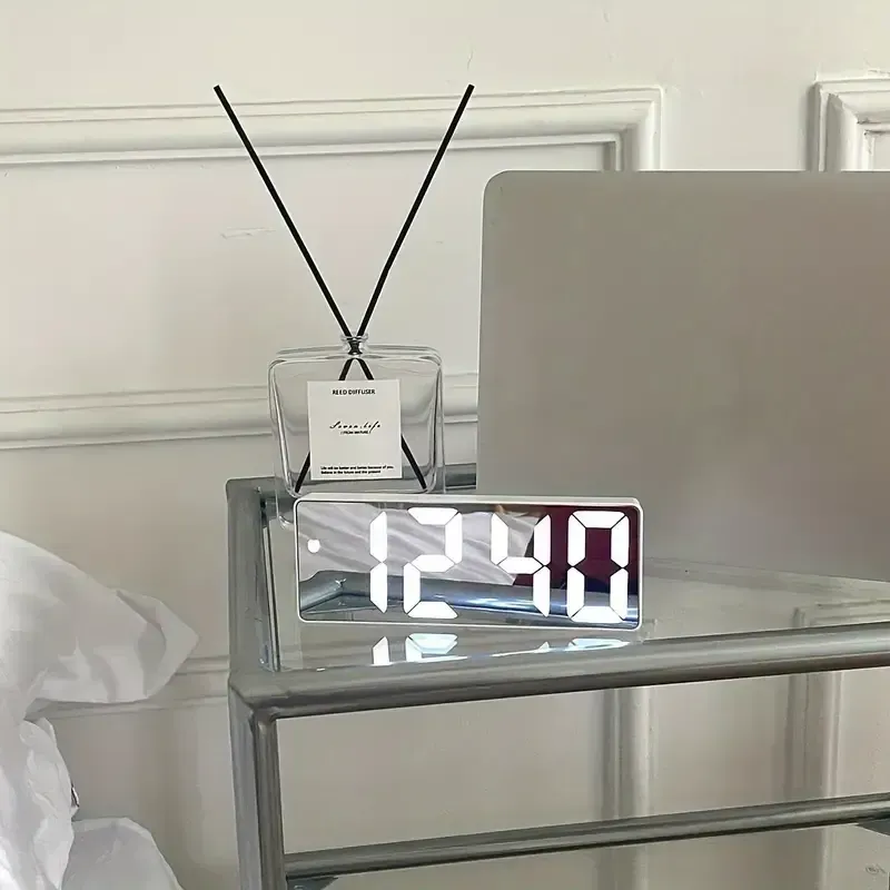 Modern LED Mirror Table Alarm Clock - Digital Snooze Display, Time, Date, and Temperature - USB Powered, Compact, and Energy-Efficient Desktop Night Light for Bedroom, Office, or Home Decor