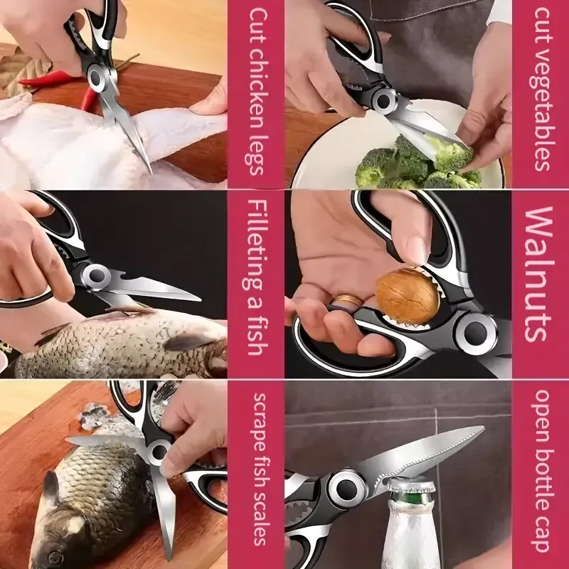 Tesoura de cozinha, Tesoura para aves, Tesoura de cozinha, Tesoura para espinhas de peixe de cozinha, Tesoura multifuncional de osso de frango em aço inoxidável para pato, Tesoura para alimentos, Tesoura para carne de cozinha, Abridor de nozes, Abridor de garrafas, Acessórios de cozinha
