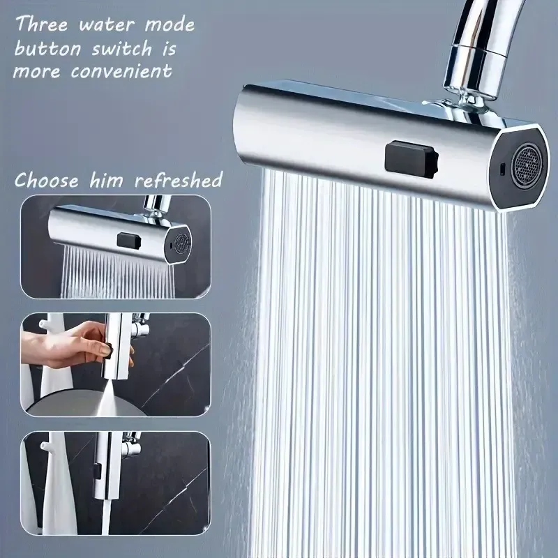 Adaptador de torneira multifuncional universal ABS, fluxo em cascata de 3 velocidades, cabeça de spray giratória à prova de respingos, sem necessidade de eletricidade, fácil instalação, atualização elegante