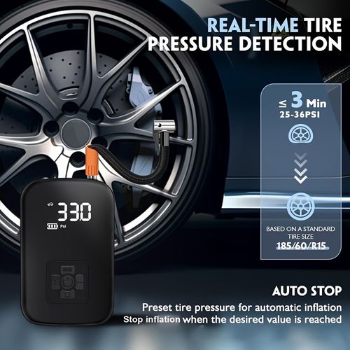 Um compressor de ar portátil para automóvel com bomba portátil sem fios e luz, adequado para encher e comprimir pneus de automóveis e motociclos.