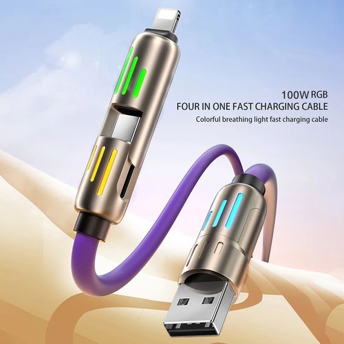 Cabo de dados de liga de alumínio de silicone líquido 4 em 1 100 W 4 em 1 funcional super rápido USB tipo C para iPhone para Samsung Xiaomi Redmi, Oneplus e Xiaomi OnePlus, cabo de carregamento USB C e sincronização de dados