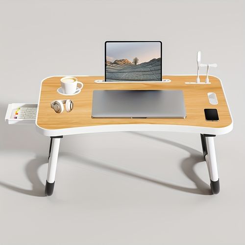 Mesa de cabeceira portátil ultra grande para portátil - Suporte de bandeja multifuncional com suporte para copos e gaveta, USB, ventoinha e luz - Perfeito para comer, ler e escrever em camas, sofás, pavimentos - Estável, durável e dobrável