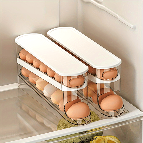 Caixa de armazenamento de ovos com rodas que poupa espaço para a porta lateral do frigorífico - Plástico durável, sem bateria, acessório essencial para a cozinha, armazenamento de ovos