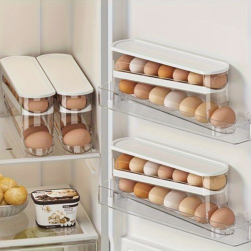 Caixa de armazenamento de ovos com rodas que poupa espaço para a porta lateral do frigorífico - Plástico durável, sem bateria, acessório essencial para a cozinha, armazenamento de ovos