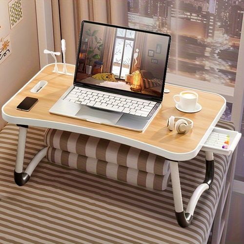 Mesa de cabeceira portátil ultra grande para portátil - Suporte de bandeja multifuncional com suporte para copos e gaveta, USB, ventoinha e luz - Perfeito para comer, ler e escrever em camas, sofás, pavimentos - Estável, durável e dobrável