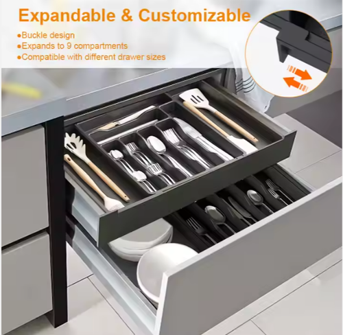 Organizador de gavetas de talheres ajustáveis ​​em plástico, suporte para talheres, organizador de talheres, organizador expansível de gavetas de cozinha