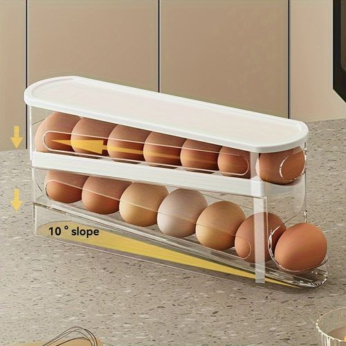 Caixa de armazenamento de ovos com rodas que poupa espaço para a porta lateral do frigorífico - Plástico durável, sem bateria, acessório essencial para a cozinha, armazenamento de ovos