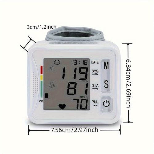 Monitor de pressão arterial de pulso TAIKON de 1 peça com visor LCD, braçadeira ajustável, deteção de frequência de pulso e alerta de batimento cardíaco irregular - a pilhas (pilhas não incluídas), medição da pressão arterial | Exibição abrangente | Recurso de reprodução de som