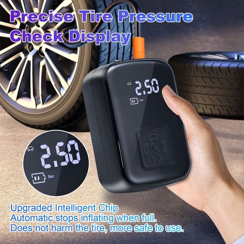 Um compressor de ar portátil para automóvel com bomba portátil sem fios e luz, adequado para encher e comprimir pneus de automóveis e motociclos.