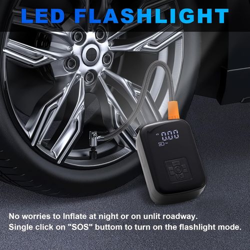 Um compressor de ar portátil para automóvel com bomba portátil sem fios e luz, adequado para encher e comprimir pneus de automóveis e motociclos.