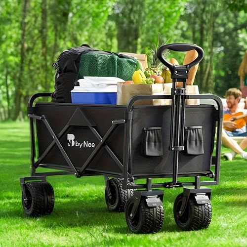 Reboque dobrável dobrável, carrinho utilitário resistente de 330 libras com rodas todo-terreno, viagem de reboque para a praia, relvado, desporto, campismo, pesca, churrasco, preto
