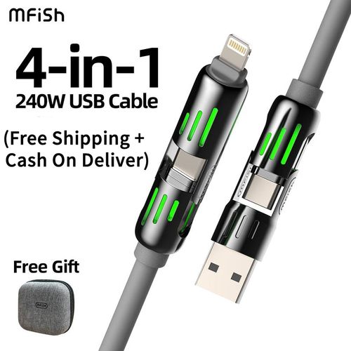 4-in-1 USB Charging Cable (+Free Storage Bag), fast charging MAX 240W USB A+TYPE  C+Lightning