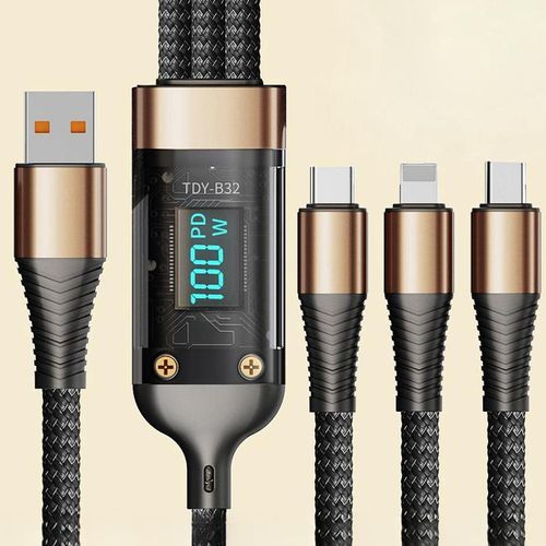 3-In-1 100W Fast Charging Cable with Digital Display, Braided Real Time Fast Charging USB C Cable for iPhone Samsung OPPO,Portable Charger Data Cable