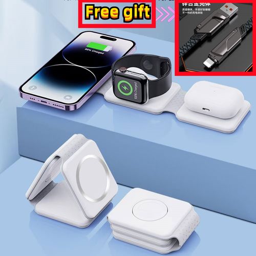 Charging Station for Apple Multiple Devices - 3 in 1 Foldable Magnetic Wireless Charger Dock - Travel Charging Pad for iPhone 16 15 14 13 12 Pro Max Plus Watch & Airpods
