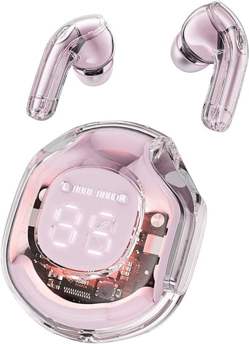 Crystal Wireless Earbuds, 30Hrs Playback Stereo Ear Buds with LED Display Charging Case, Bluetooth 5.3 in-Ear Earphones with Mic for Phone Tablet Laptop Sports, Pink