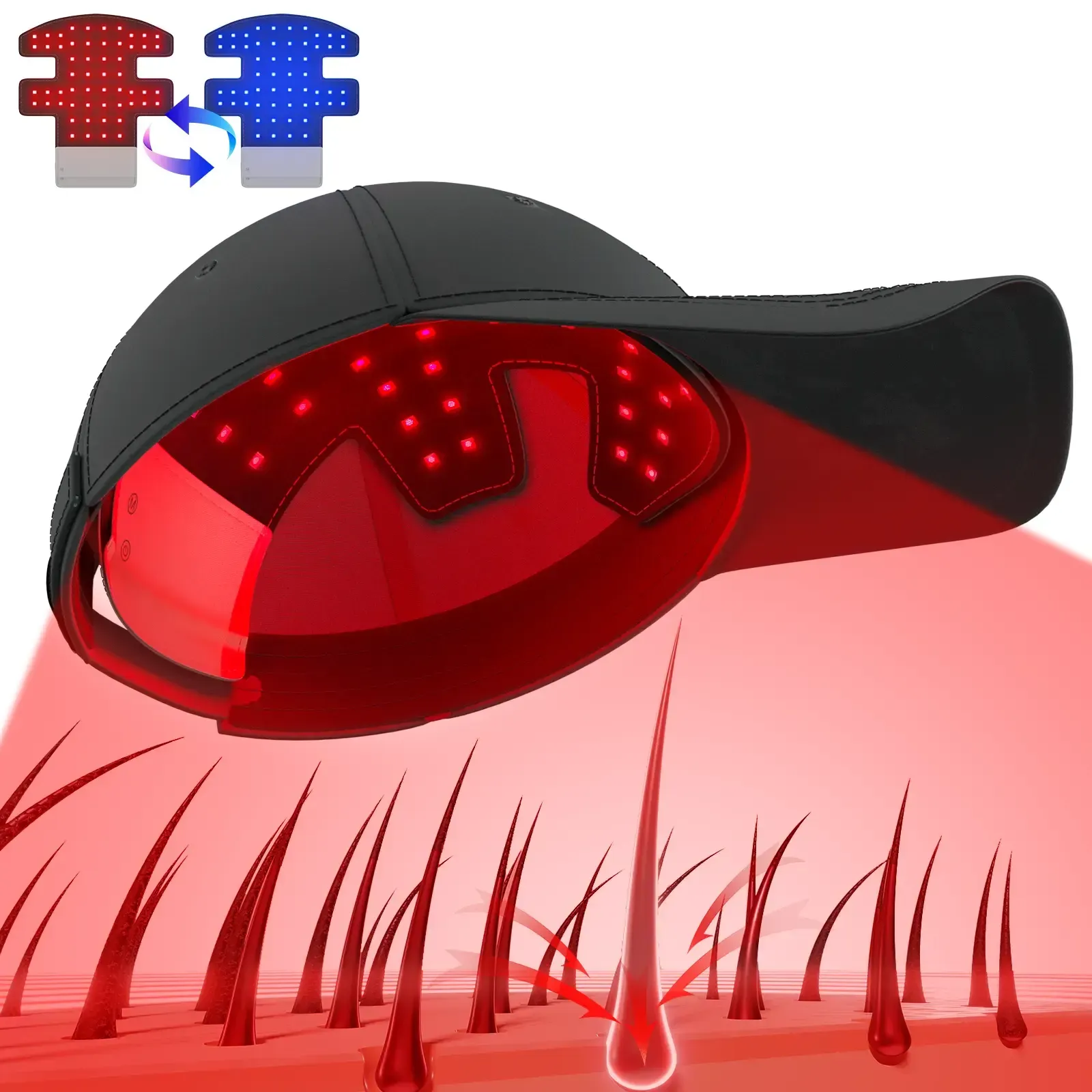 Led Photon Vibration Cap for Hair Growth 630nm Infrared Laser Red Light Therapy Cap Black Adjustable Hat for Hair Health and Growth
