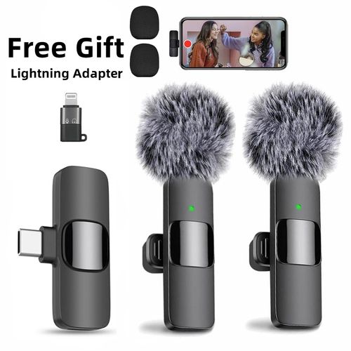 2 pieces Wireless Lavalier Microphones for iOS, Android, Mini Wireless Clip-on Microphones Crystal Clear Sound Quality for Recording