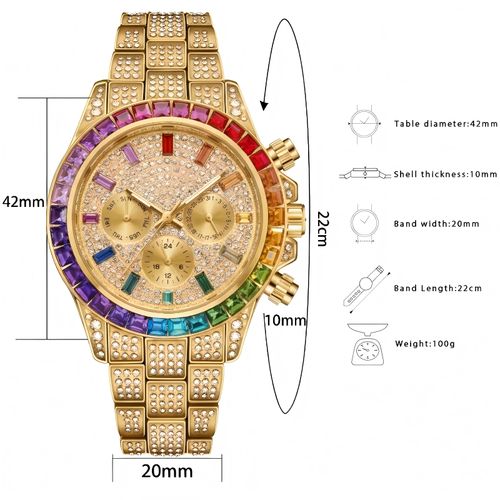 Luxury Rainbow Diamond Men's Watch + Cuban Chain Bracelet (Free Gift,Two Piece Set) – Gold Iced Out Vintage Chronograph Watch
