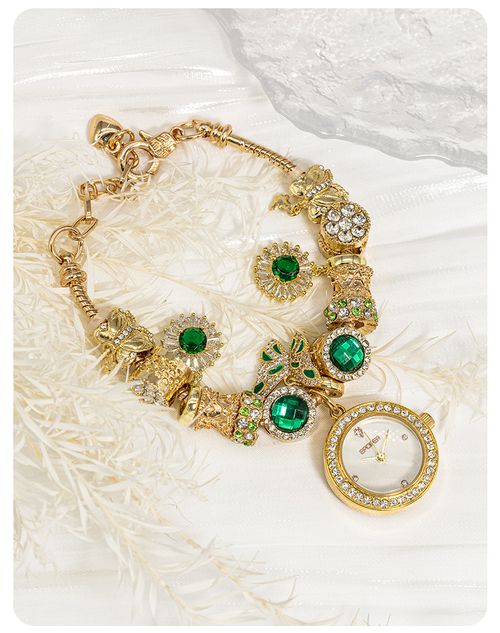 Luxury Gold & Emerald Green Women's Bracelet Watch - Waterproof Quartz