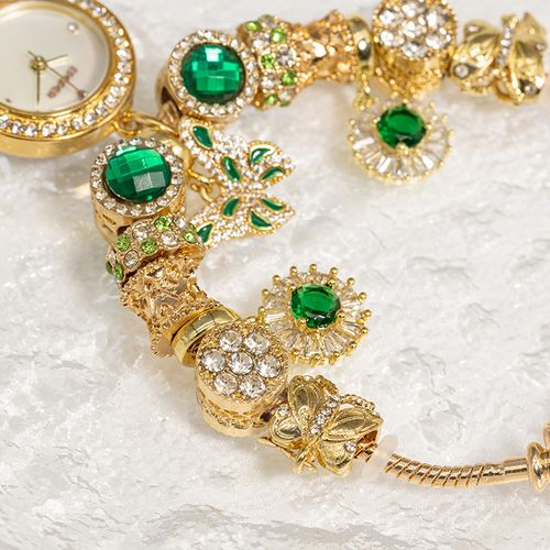 Luxury Gold & Emerald Green Women's Bracelet Watch - Waterproof Quartz