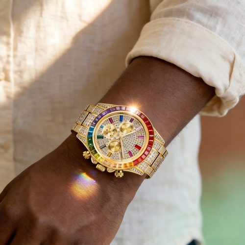 Luxury Rainbow Diamond Men's Watch + Cuban Chain Bracelet (Free Gift,Two Piece Set) – Gold Iced Out Vintage Chronograph Watch