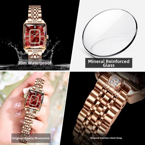 Brand new sugar cube gold quartz women's watch, diamond-studded dial available in three colors, 28.5mm diameter, butterfly double push clasp, 30m water resistance, cash on delivery, free home delivery