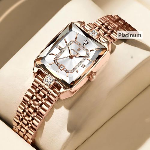 Brand new sugar cube gold quartz women's watch, diamond-studded dial available in three colors, 28.5mm diameter, butterfly double push clasp, 30m water resistance, cash on delivery, free home delivery