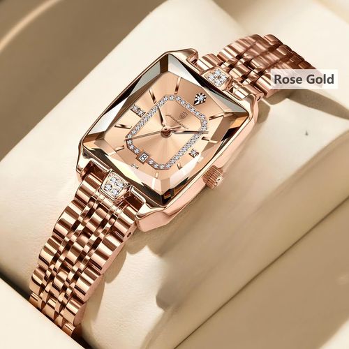 Brand new sugar cube gold quartz women's watch, diamond-studded dial available in three colors, 28.5mm diameter, butterfly double push clasp, 30m water resistance, cash on delivery, free home delivery