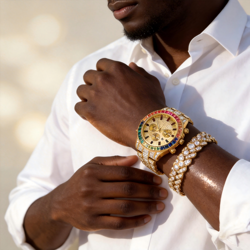 Luxury Rainbow Diamond Men's Watch + Cuban Chain Bracelet (Free Gift,Two Piece Set) – Gold Iced Out Vintage Chronograph Watch