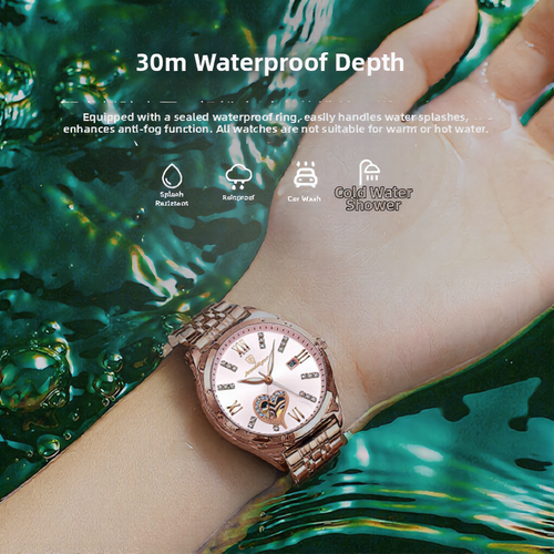 Rose Gold Heart Stainless Steel Band Waterproof Luminous Women's Calendar Wristwatch-31mm