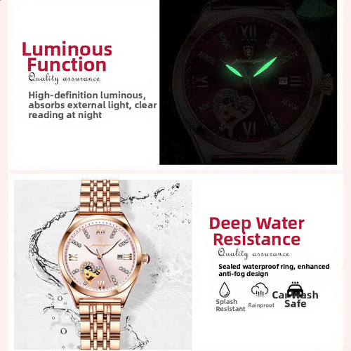 Rose Gold Heart Stainless Steel Band Waterproof Luminous Women's Calendar Wristwatch-31mm