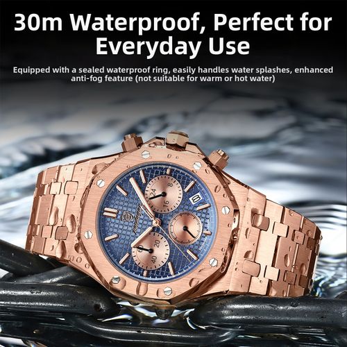 Men's High-End Rose Gold Stainless Steel Multi-Function Quartz Watch