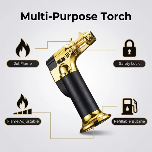 Heavy-Duty Windproof Torch Lighter with Safety Lock & Adjustable Flame - Refillable Up to 2372°F Max Temperature