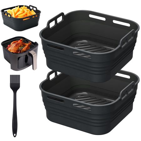 LIZEVINC Silicone Air Fryer Liners, Foldable & Thickened with Handles, 2-Pack 8.2x3.5 Extra Deep Reusable Baskets with Oil Brush, Non-Stick 8inch Air Fryer Accessories, Black