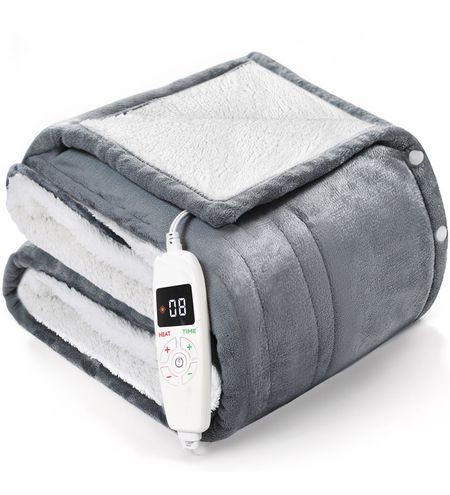 YGXNEWER 50 x 60 Electric Heated Blanket with 10 Heating Levels & 1-8H Auto-off, Machine Washable Flannel & Sherpa, Gray & White