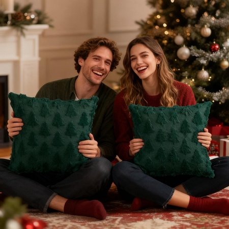 2 Pack Christmas Tree Printed Throw Pillows - Red & Green Plush Soft Decorative Cushions, Holiday Festive Decor Pillows for Sofa Couch Living Room, USA Stock,Double-sided pattern (Random Color Delivery)
