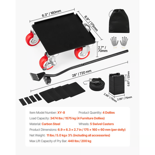 3474 lb Heavy-Duty Furniture Mover | 5-Wheel 360° Rotating Universal Transporter