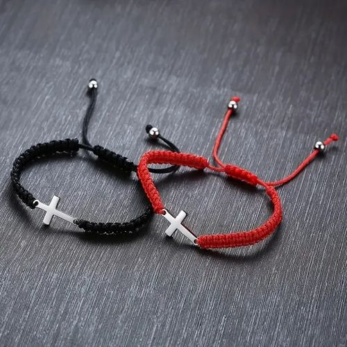 2pcs Stainless Steel Cross Bracelet for Boys Girls Black Red