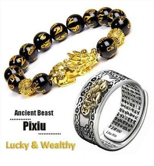 Black Pixiu Obsidian Wealth Bracelet & Ring Set