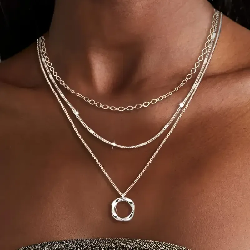 925 Sterling Silver Layered Necklace - Fashionable Round Pendant Design, Perfect for Party, Holiday and Gift Giving