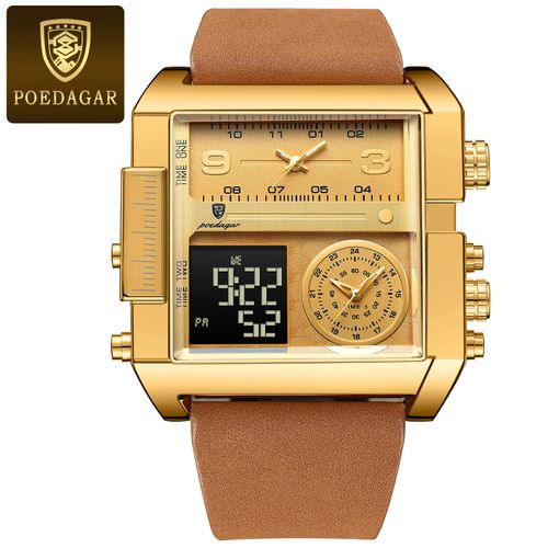 FEICE Fashion Business Men's Watch Digital LED Analog Quartz Watch 50mm Large Dial Square Men's Watch Multifunctional Sports Men's Watch Luminous Alarm Clock Timer 24H Calendar Cowhide Strap Men's Gift FK030