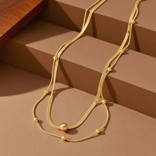 Fashionable gold-plated beaded chain titanium steel metal jewelry stacking necklace for women